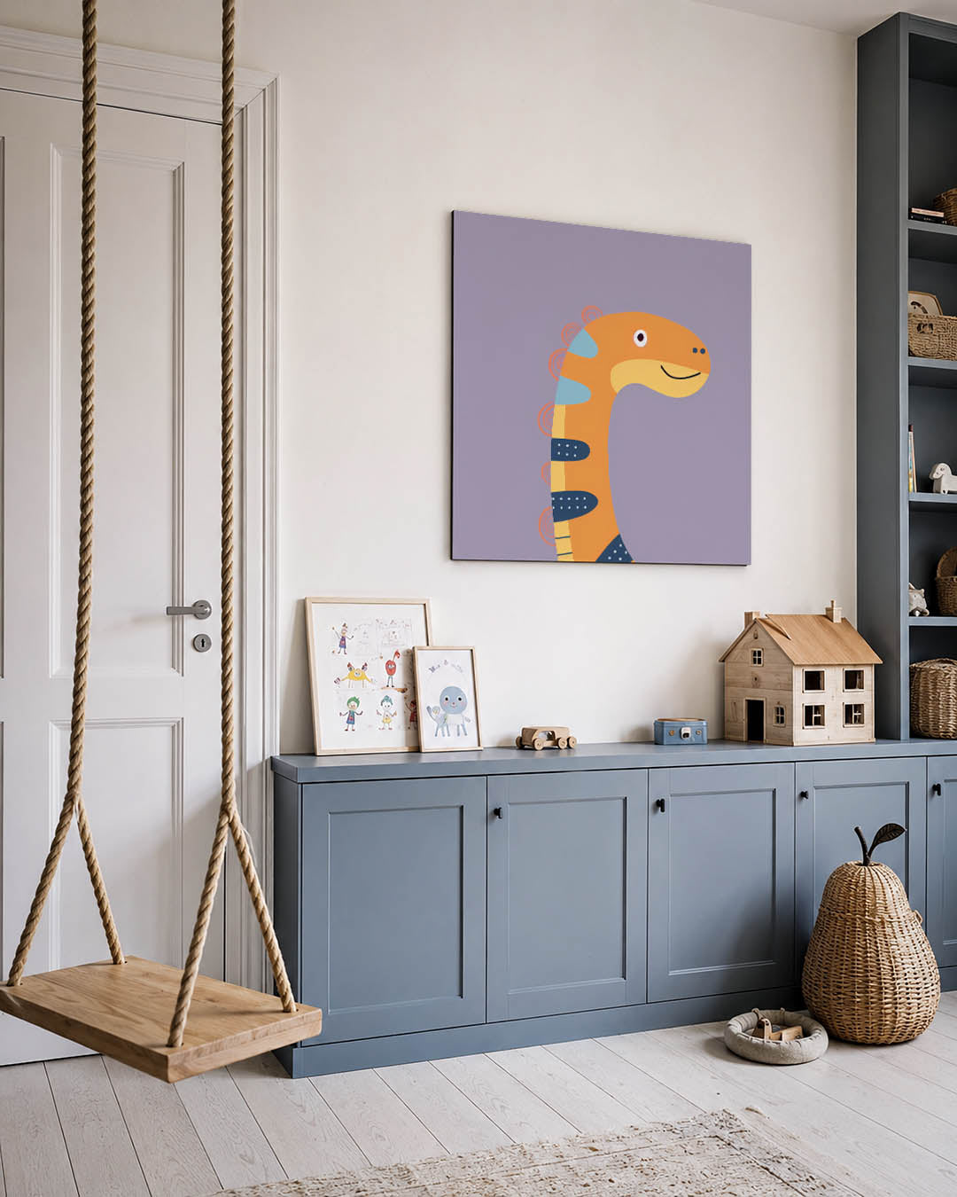 Speelse dinosaurus illustratie kunstwerk – vierkante wanddecoratie – dit werk toont een vrolijke dinosaurus met een oranje