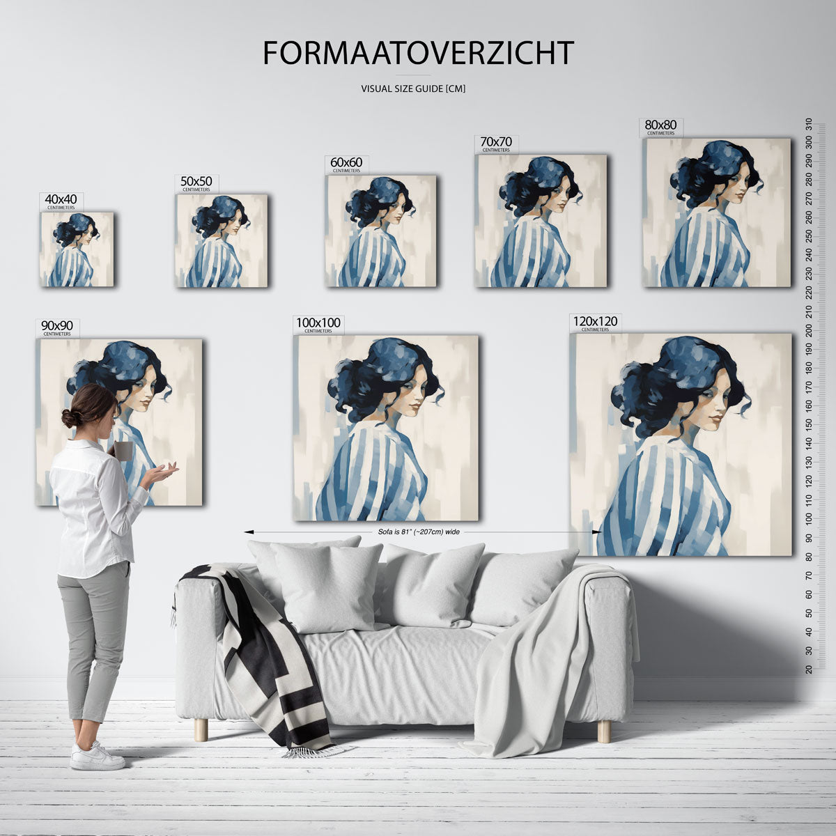 Vrouw met blauwe strepen – vierkante muurposter met vrouwelijk portret