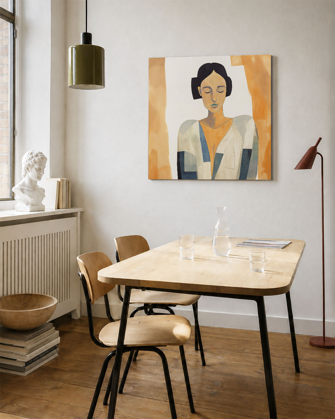 Vrouwelijk portret kunstwerk – vierkante wanddecoratie – dit kunstwerk toont een vrouw met gesloten ogen, omlijst door zachte
