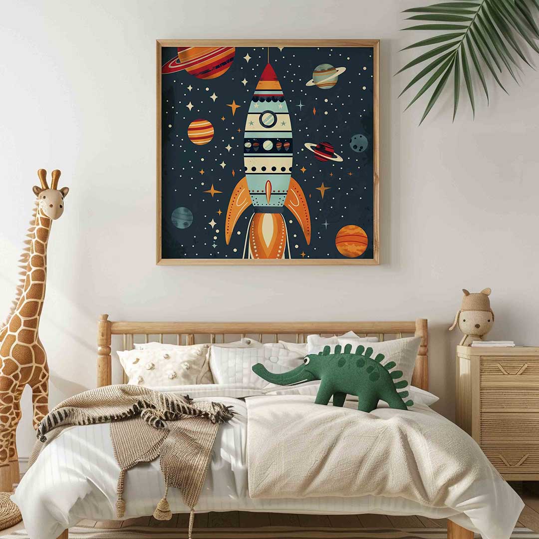 Ruimteraket en planeten – vierkante kinderkamer wanddecoratie van WallArtistic