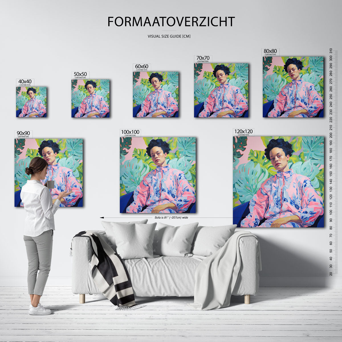 Portret met bladeren – vierkante muurposter met kleurrijke illustratie