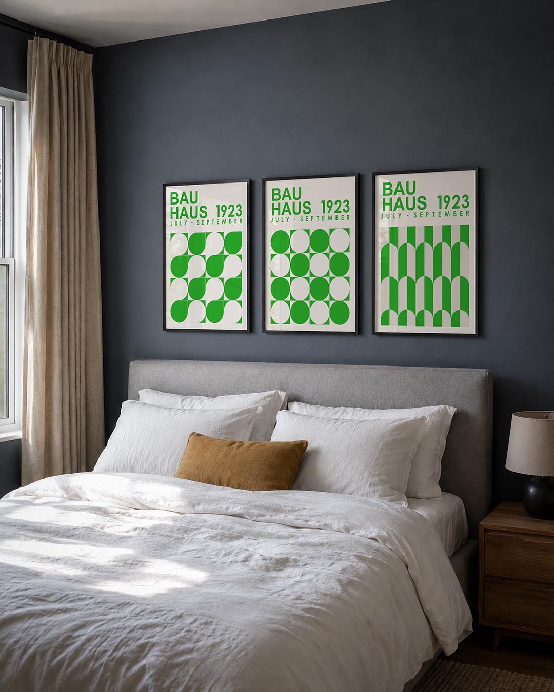 Groene vormenritme posterset – detailweergave – deze posterset in drie delen toont een speelse wisselwerking van groene en