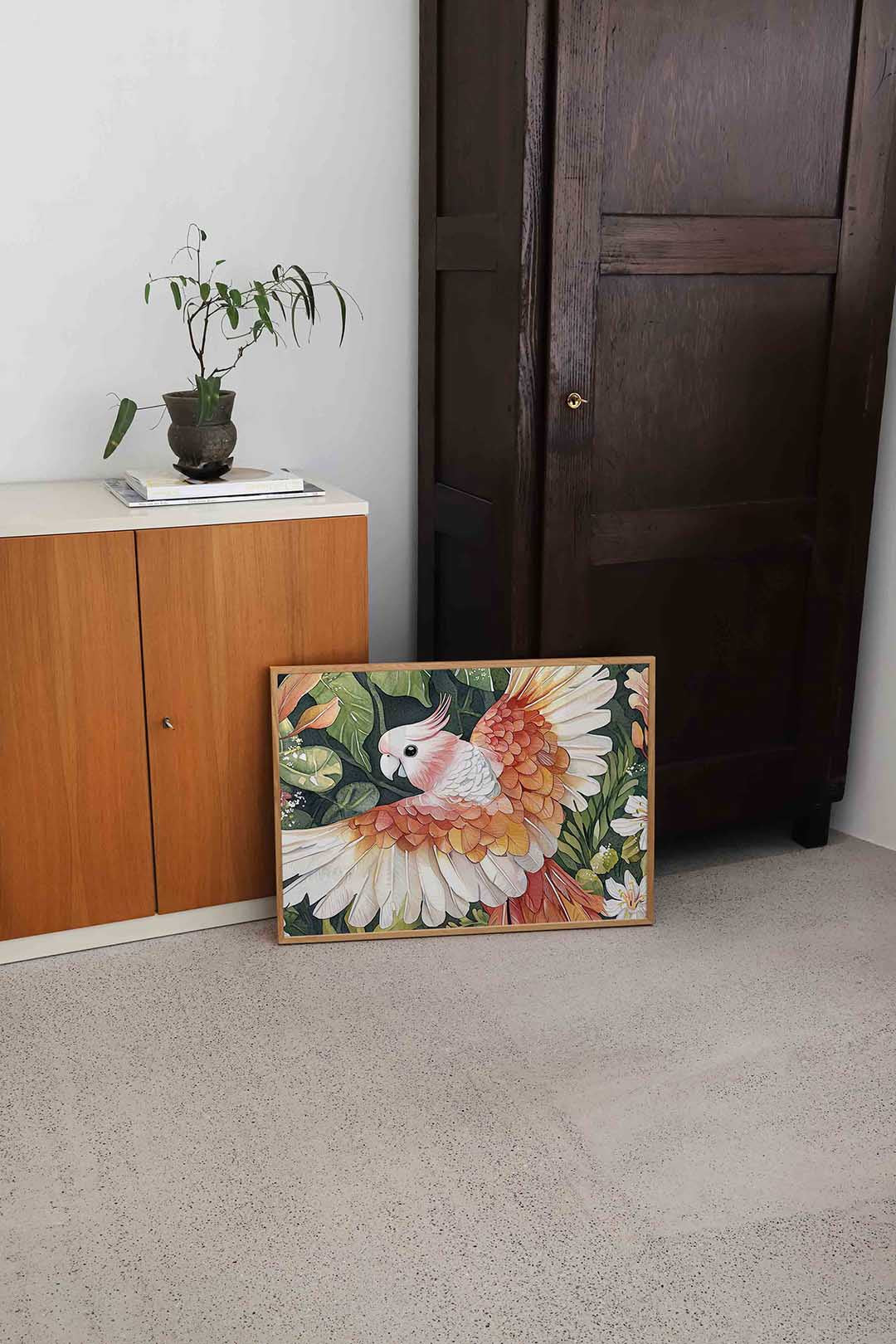 Papegaai met bladeren – dierenillustratie als landscape poster