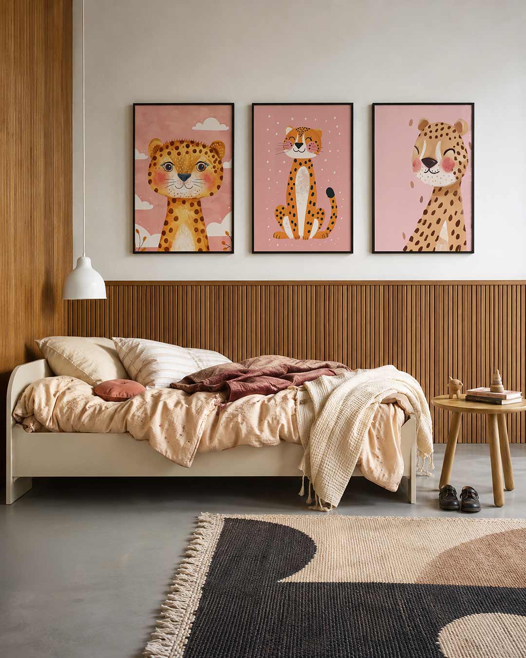 Vrolijke dierenportret driedelige posterset – een schattige luipaard met grote ogen en roze blosjes op