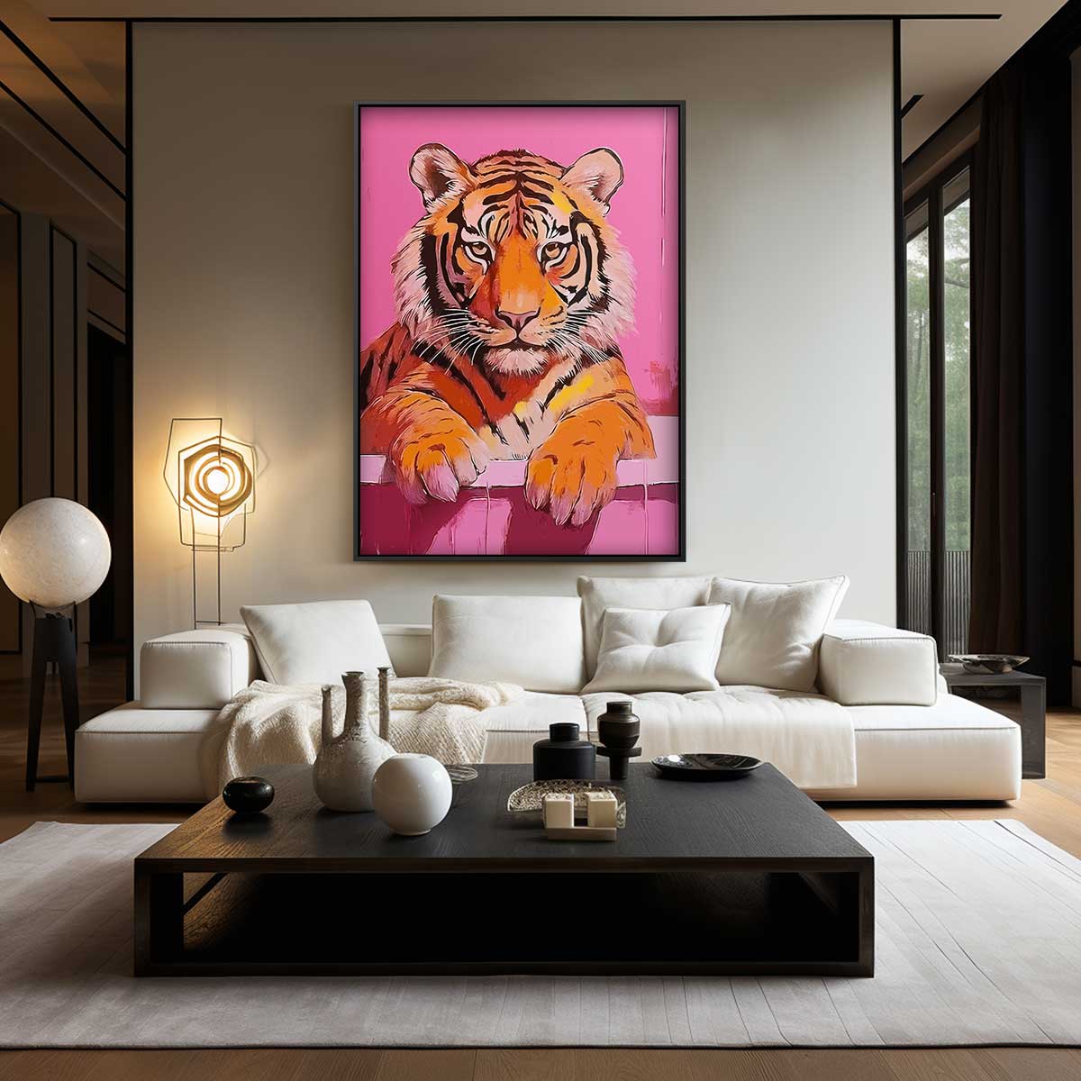 Badende Tijger op Roze Achtergrond – kunstwerk met zwarte baklijst