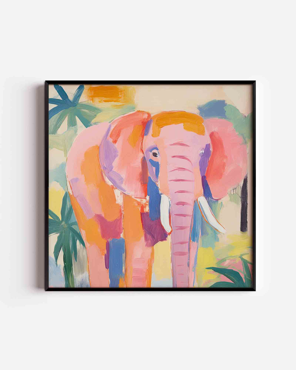 Olifant in kleurrijk landschap – vierkante kinderposter als wanddecoratie