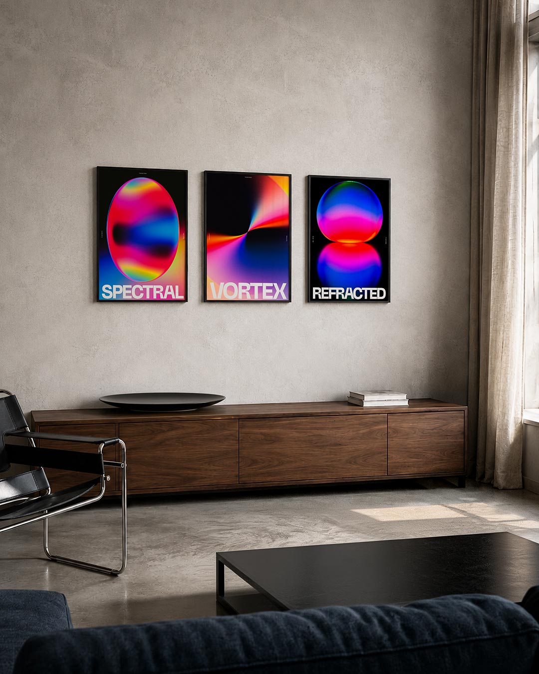 Kleurrijke bol posterset – tweede productweergave – een levendige bol met vloeiende overgangen van rood, blauw