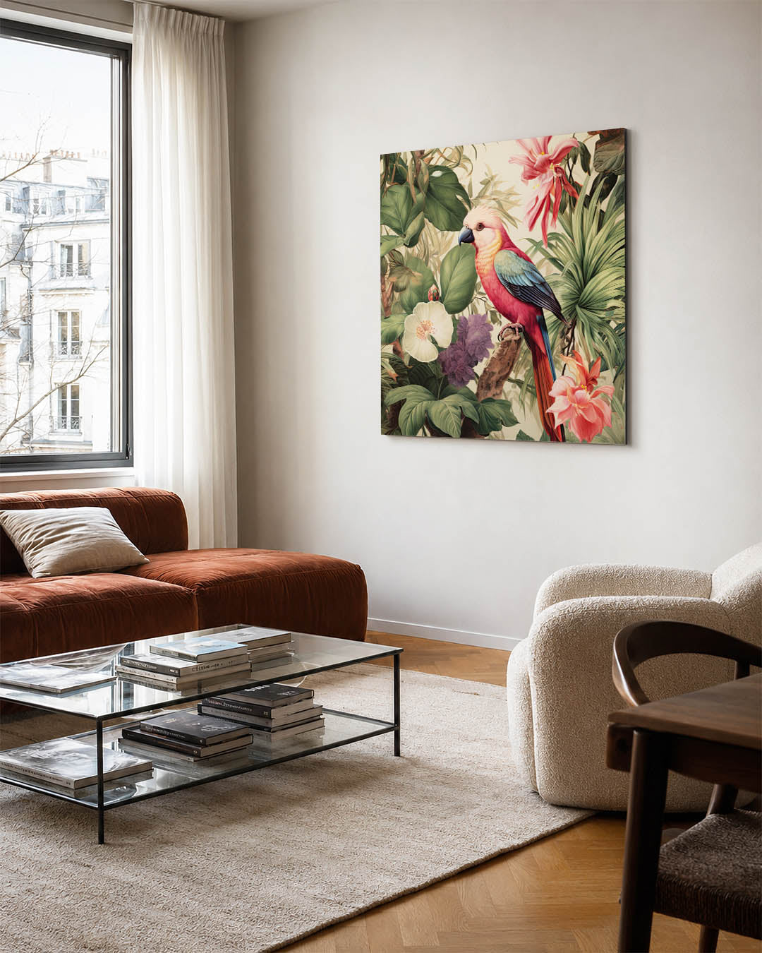Exotische vogel en bloemen kunstwerk – vierkante wanddecoratie – dit werk toont een kleurrijke vogel te midden van weelderige
