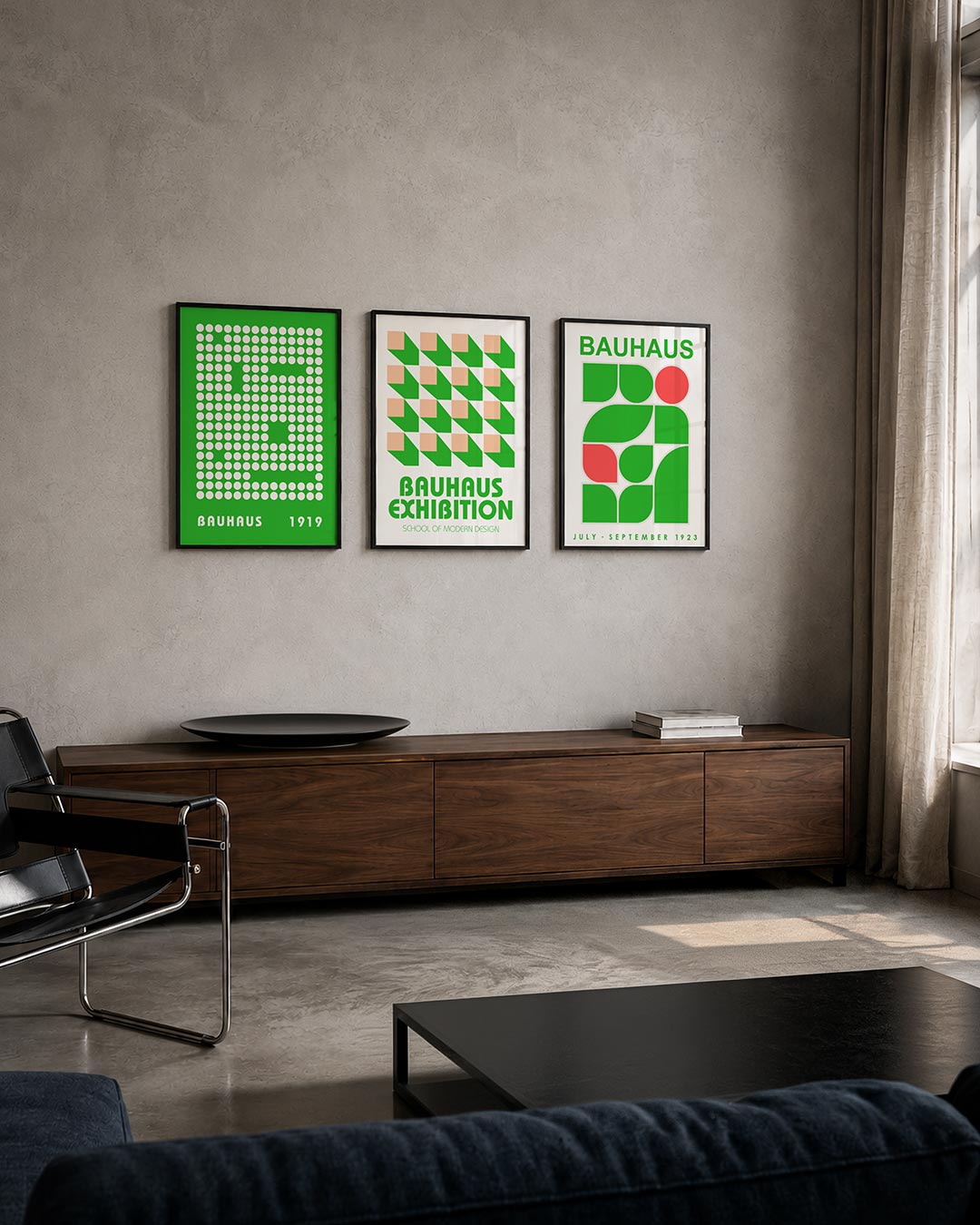 Cirkelpatroon ritme driedelige posterset – een levendige groene achtergrond met een patroon van witte cirkels. De cirkels