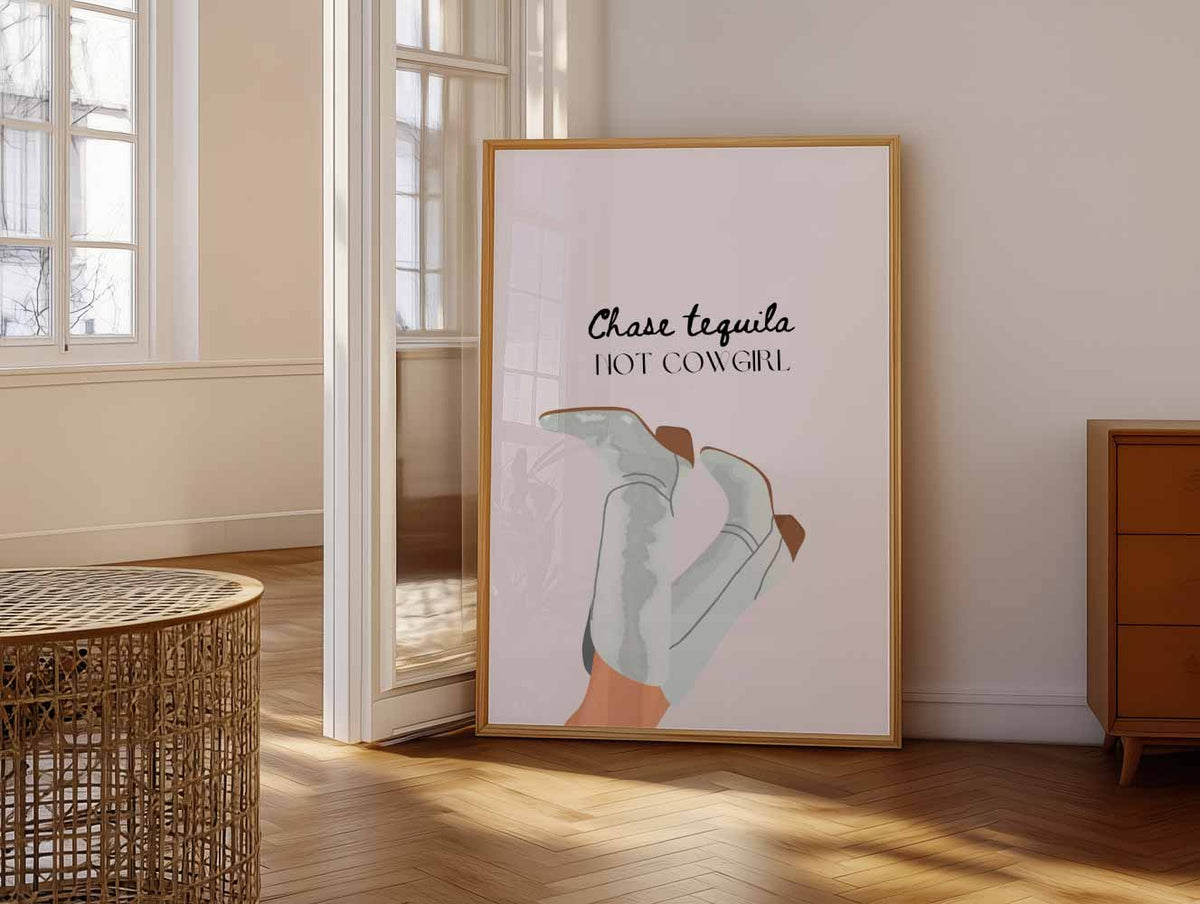 Tequila Chase Cowboy Boots – vrolijke paasillustratie als portret poster
