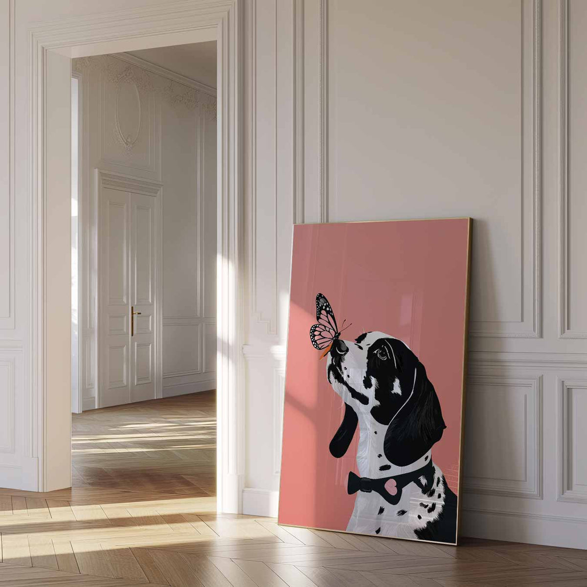 Vrolijke Dalmatiër Met Vlinder – dierenposter als moderne staande wanddecoratie
