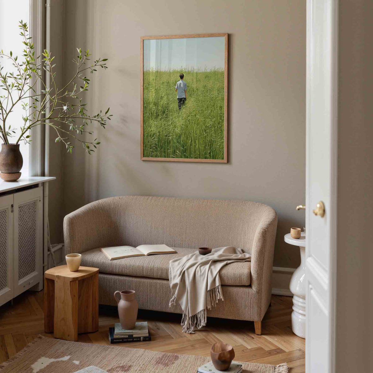 Persoon in groen veld – botanische poster in staand formaat
