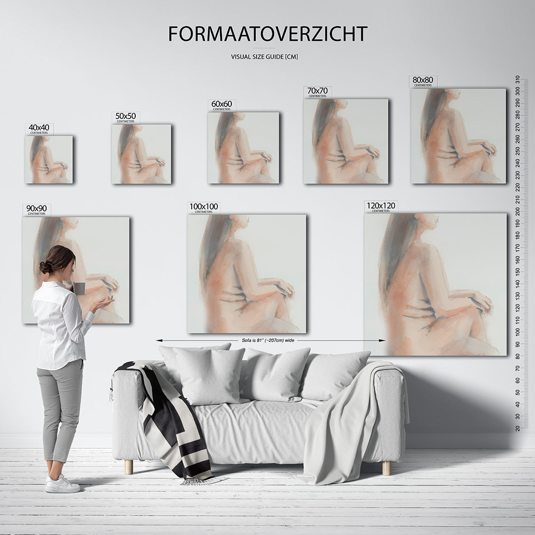 Zittende vrouw kunstwerk – sfeerbeeld – dit kunstwerk toont een zittende vrouw in zachte tinten. De vloeiende lijnen en