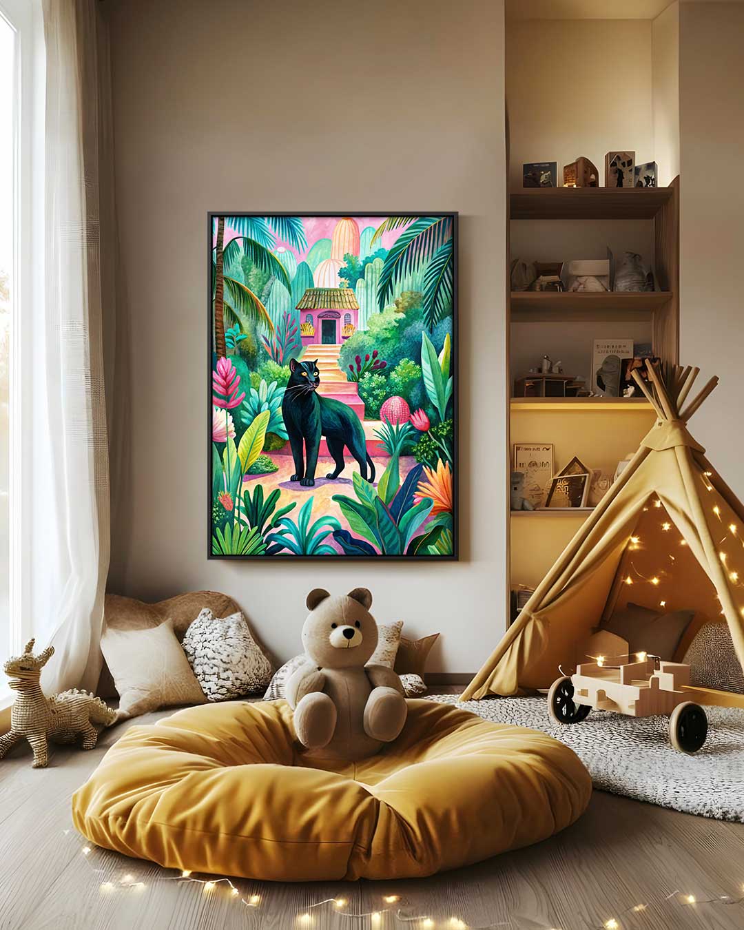 Tropische Paradijstuin met Zwarte Panter – canvas wanddecoratie in portret formaat
