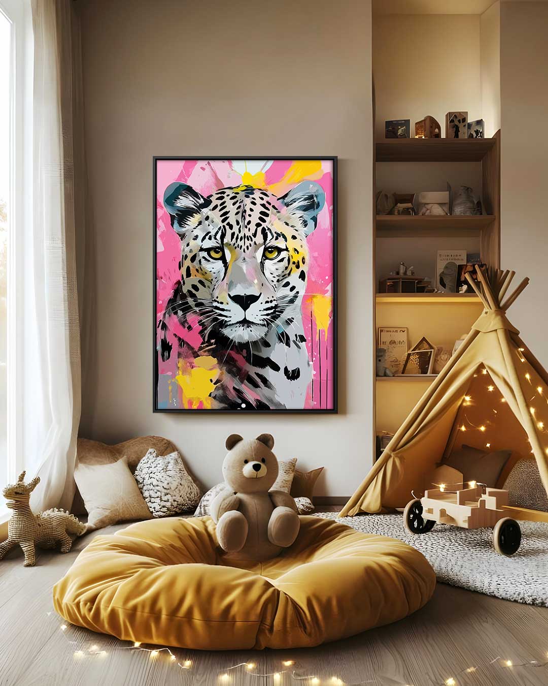 Kleurrijke Luipaardkunst – canvas wanddecoratie in portret formaat