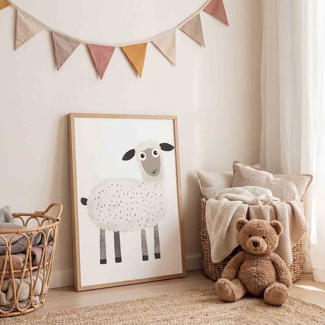 Schattig schaap – speelse wandkunst als portret kinderposter