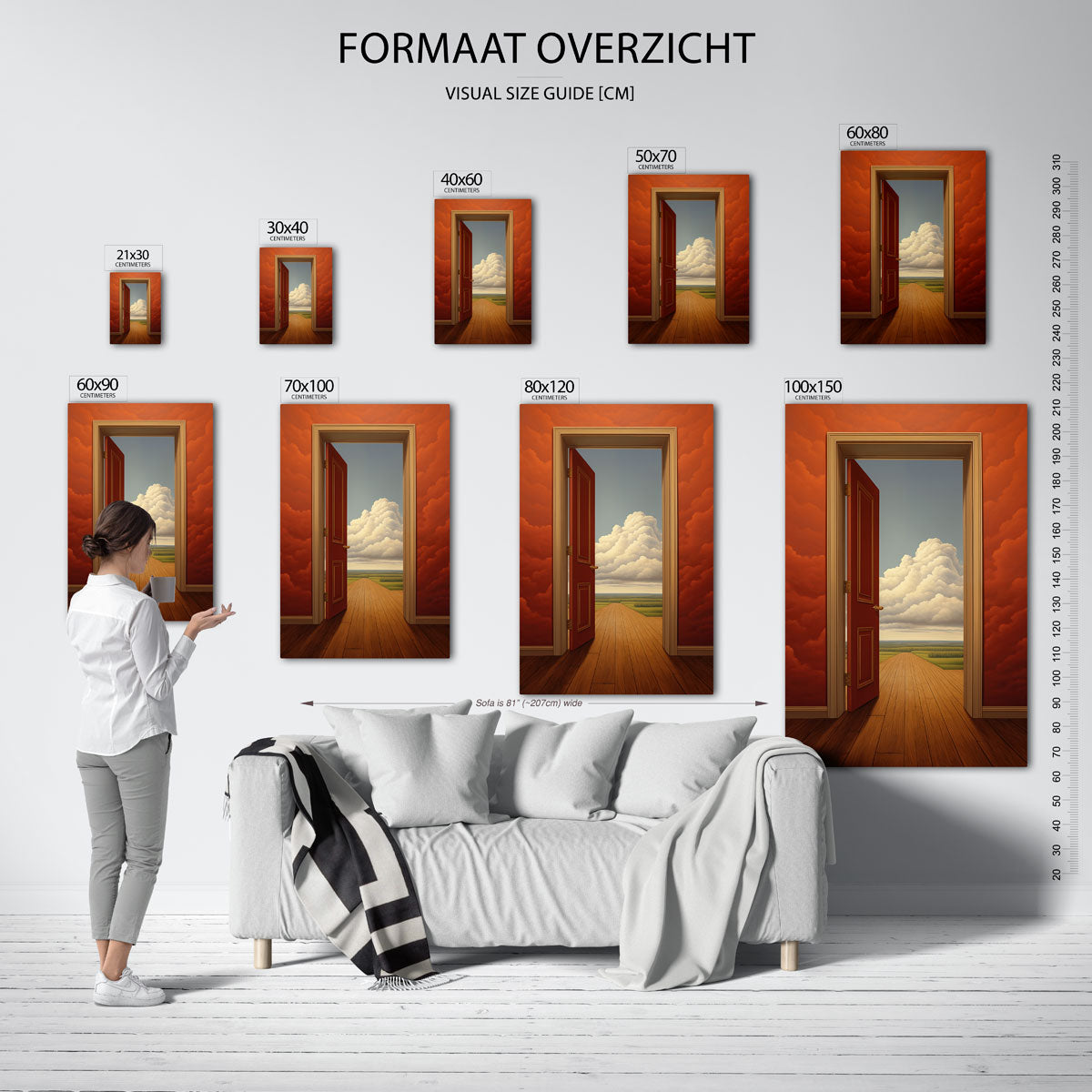 Open deur naar wolken – staande muurposter met surrealistische uitstraling