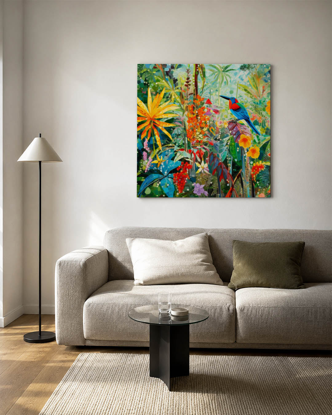 Vrolijke jungle scène kunstwerk – detailweergave – dit kunstwerk toont een kleurrijke jungle met een levendige vogel en