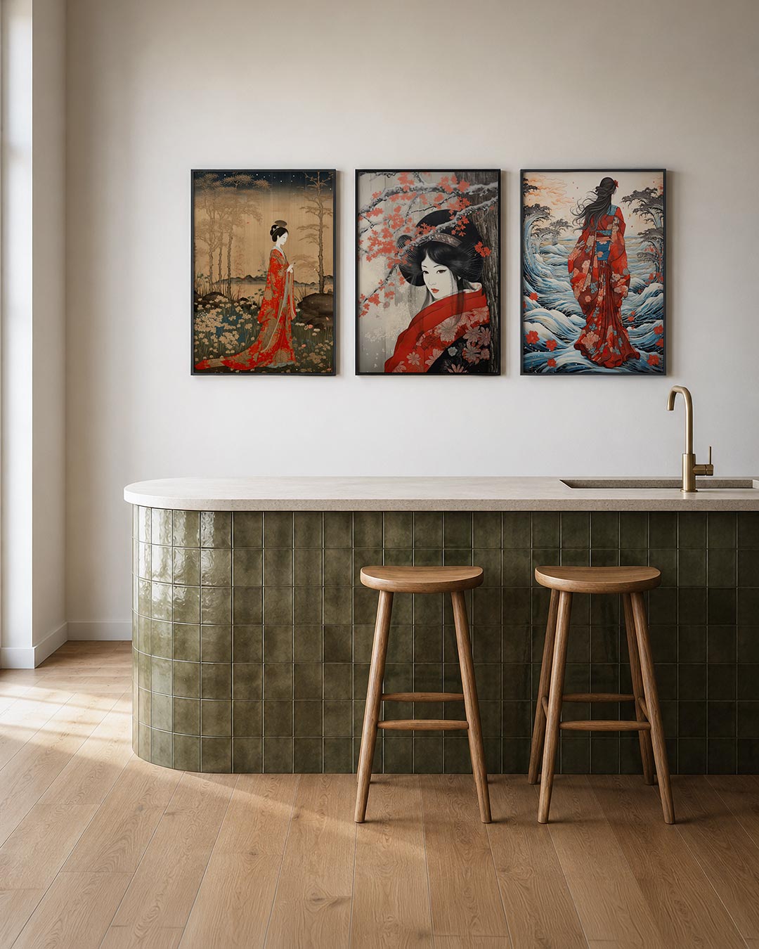 Natuurlijke elegantie posterset – tweede productweergave – een serene vrouw in een rijk gedetailleerde rode kimono