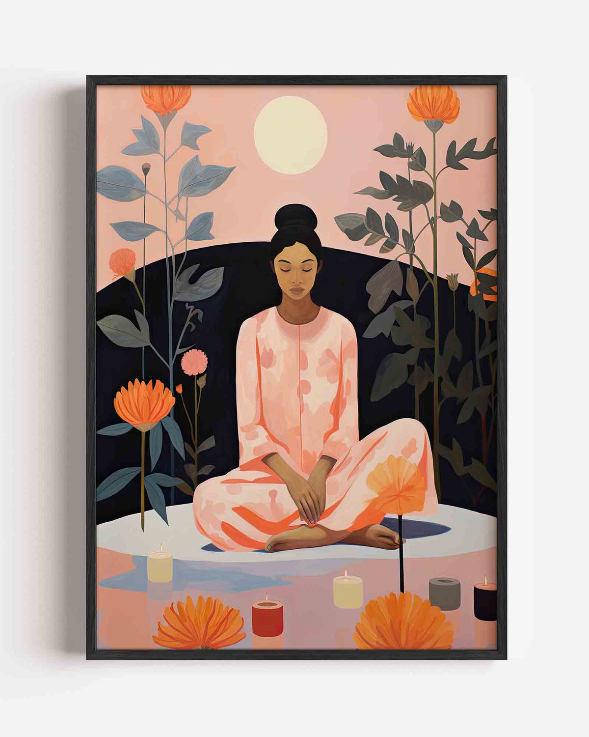 Mediterende vrouw met bloemen – botanische portret poster als wanddecoratie