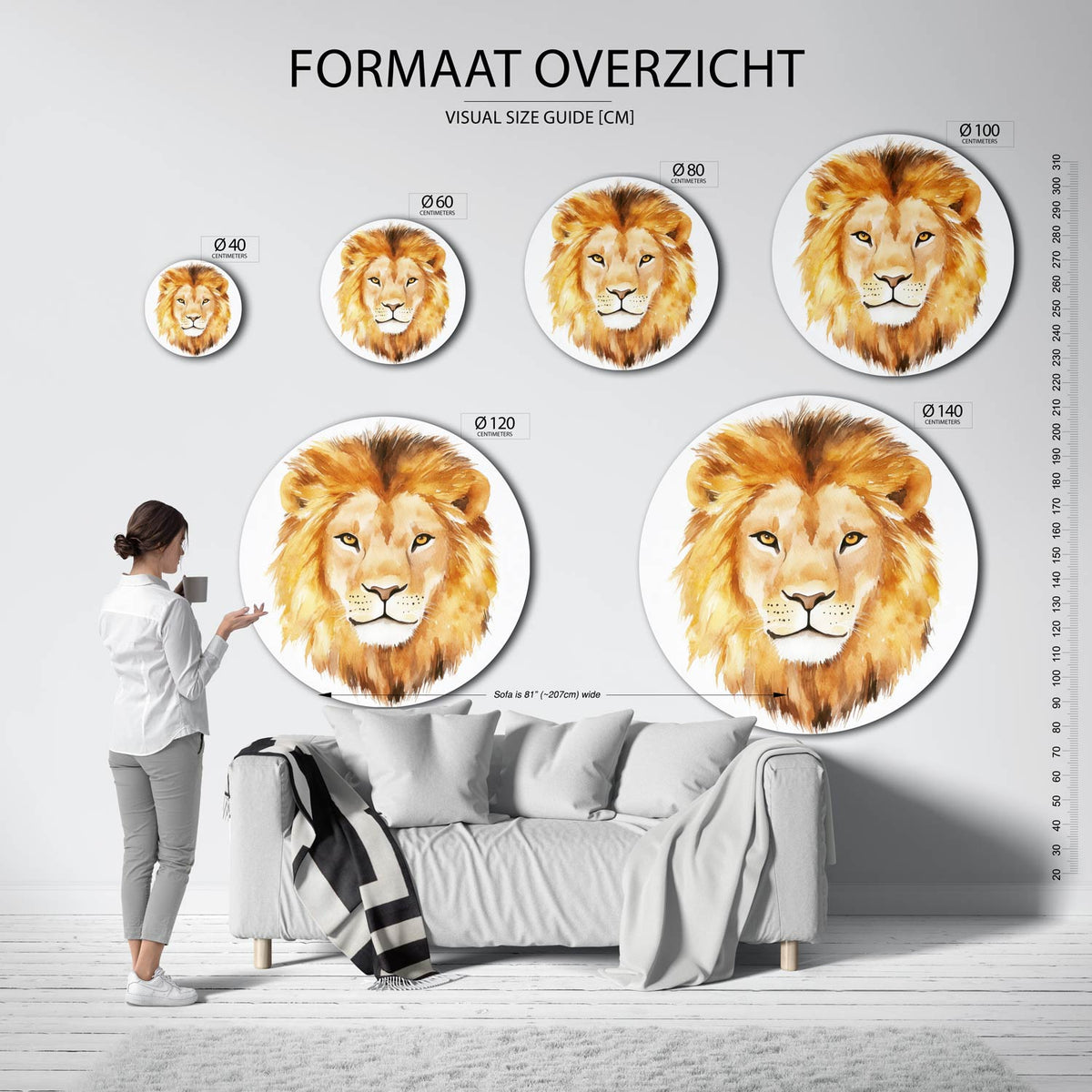 Leeuw portret Muurcirkel – extra productweergave – Een leeuwenkop in warme tinten van bruin en beige.