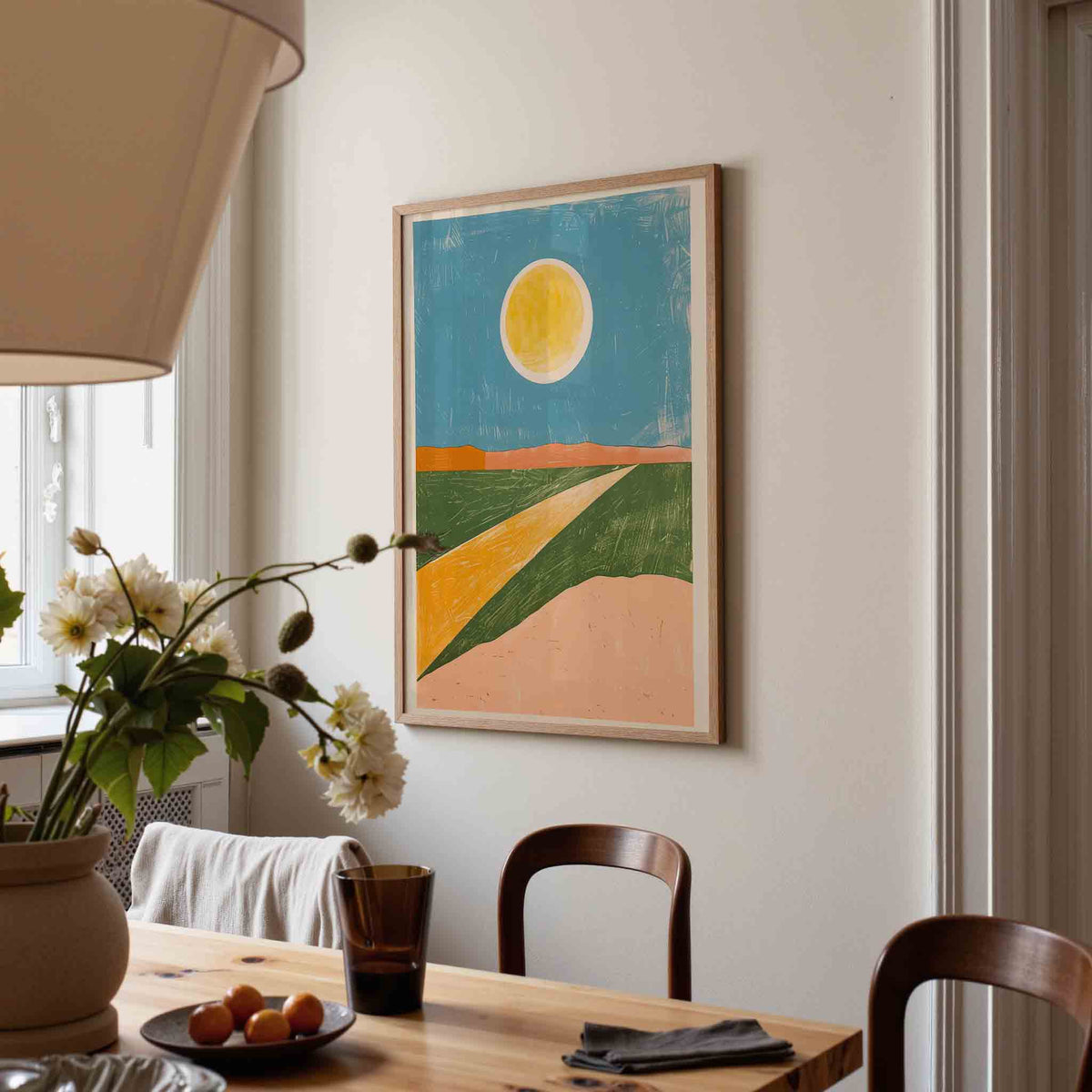 Zon en landschap – eigentijdse illustratie poster in staand formaat