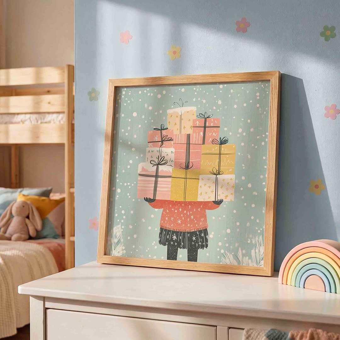 Stapeling van cadeaus – speelse wandkunst als vierkante kinderposter