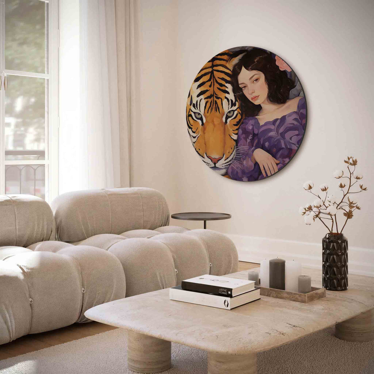 Tijger en vrouw – muurcirkel met abstracte texturen voor aan de muur