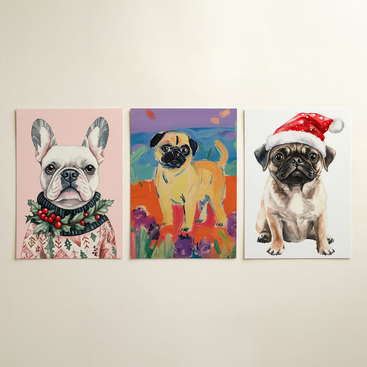 Hond met kersttrui driedelige posterset in interieur