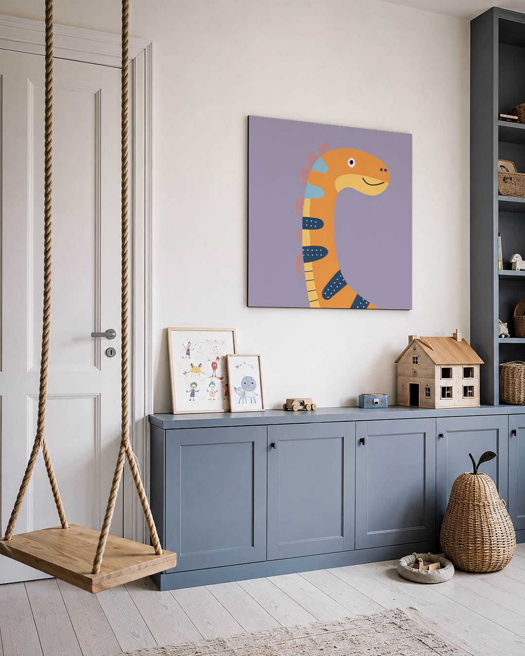 Vrolijke dinosaurus kunstwerk – vierkante wanddecoratie – dit werk toont een kleurrijke dinosaurus met een speelse