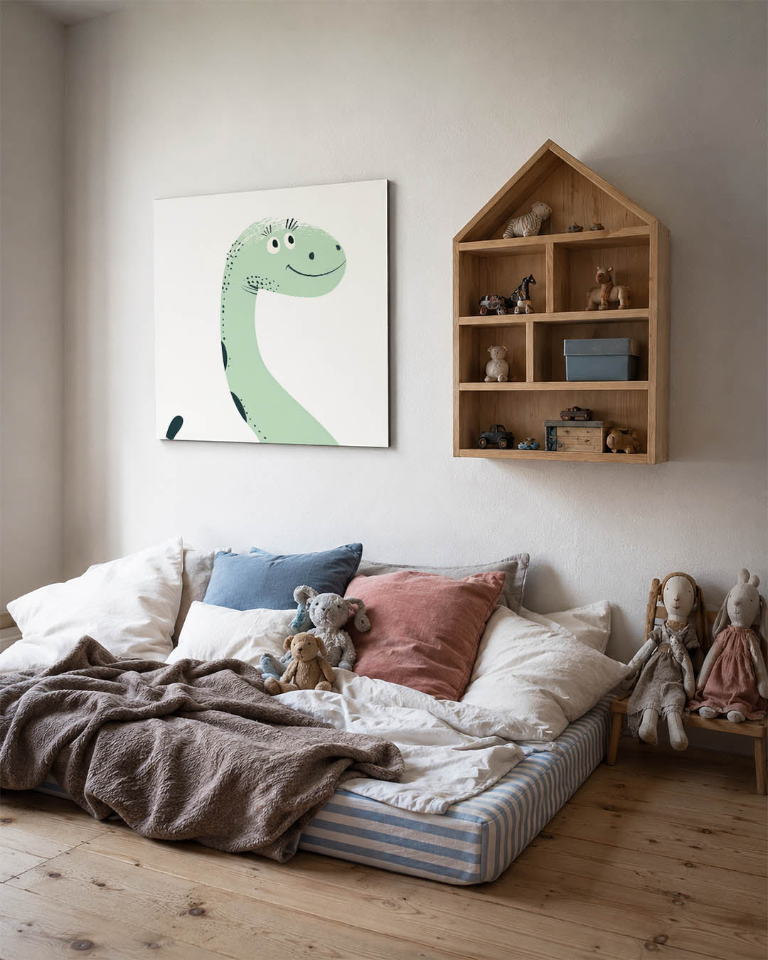 Vrolijke dinosaurus illustratie kunstwerk – derde productweergave – dit kunstwerk toont een lachende dinosaurus met een lange