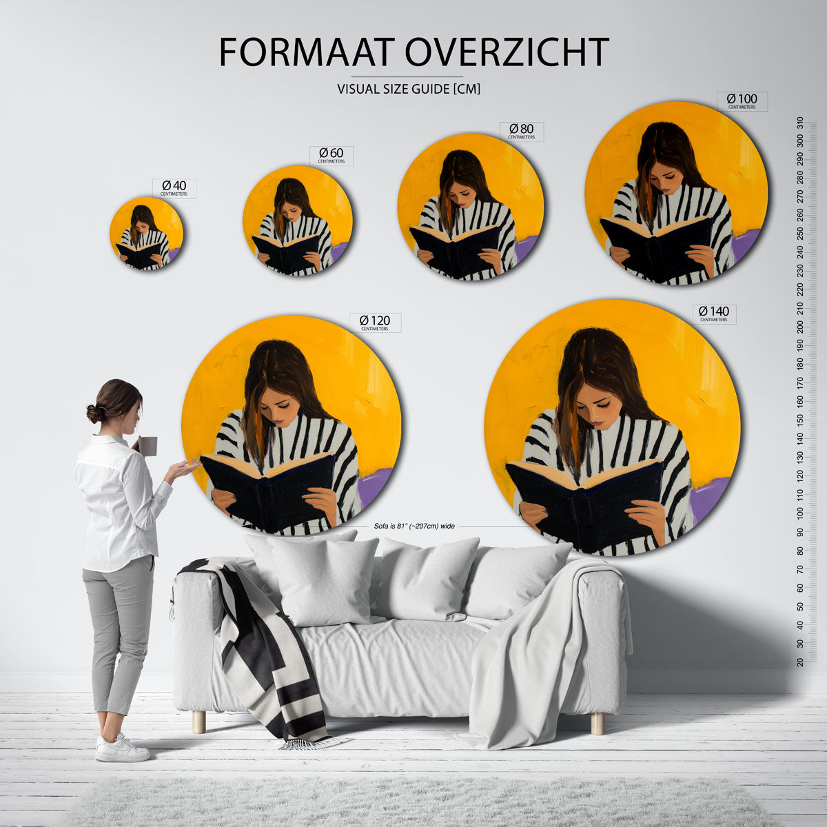 Lezende vrouw – moderne ronde muurdecoratie met abstracte vormen