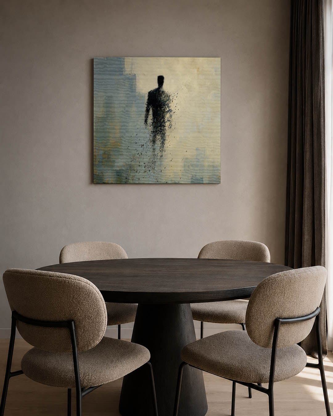 Vervagende silhouet kunstwerk – tweede productweergave – een silhouet van een persoon vervaagt in een wazige achtergrond. De