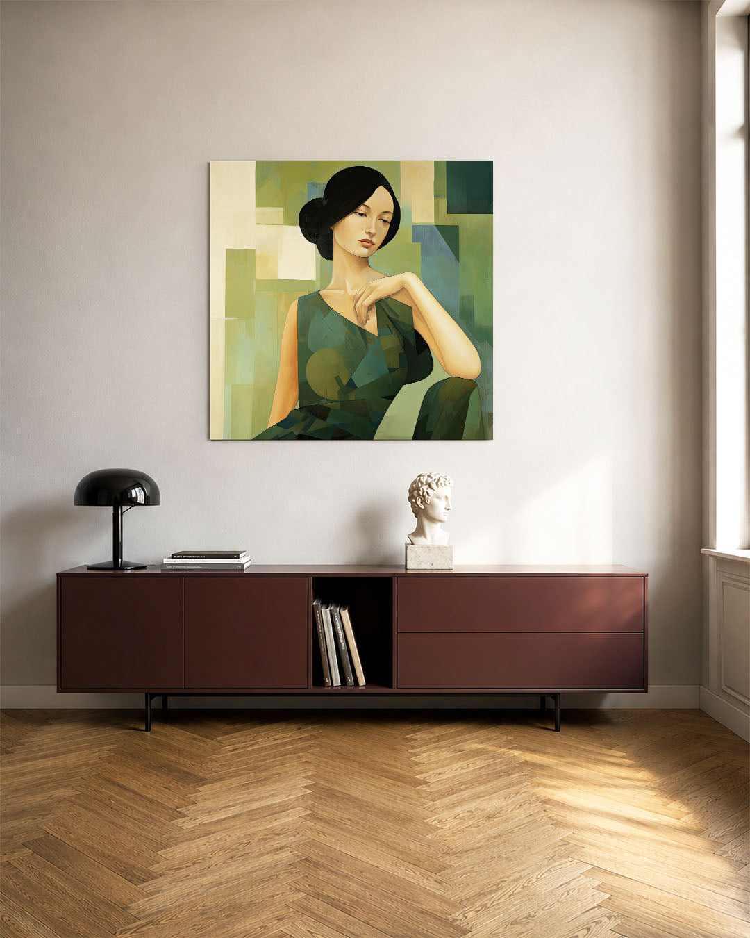 Vrouwelijk portret geometrisch kunstwerk – tweede productweergave – dit werk toont een vrouw in een compositie met zachte