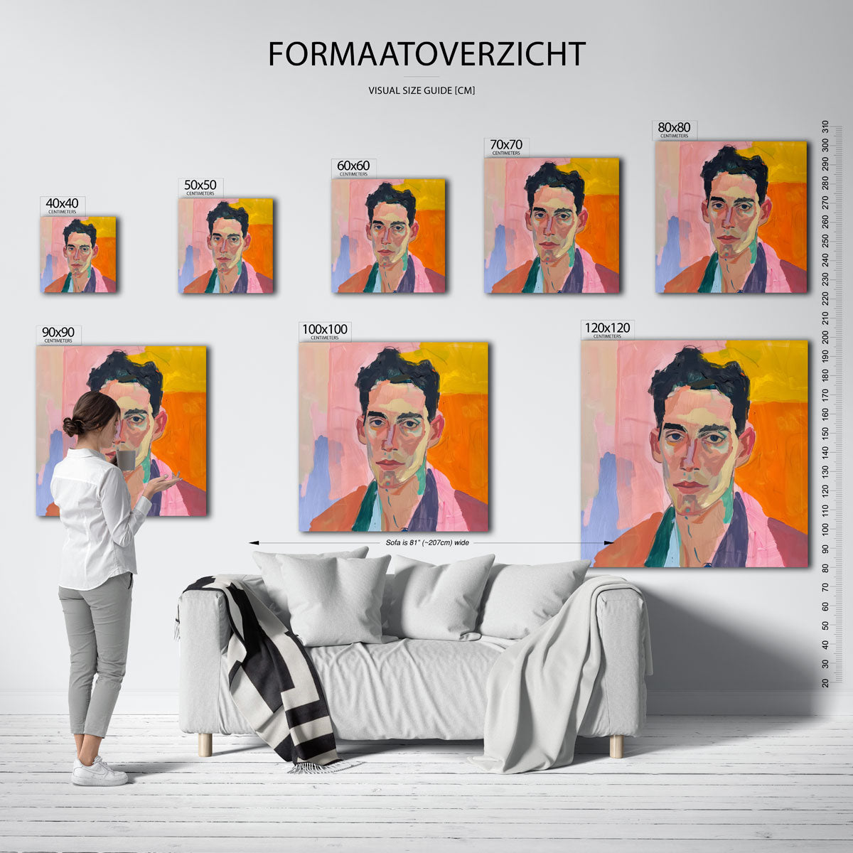 Portret met kleurrijke achtergrond – vierkante muurposter met kunst en design