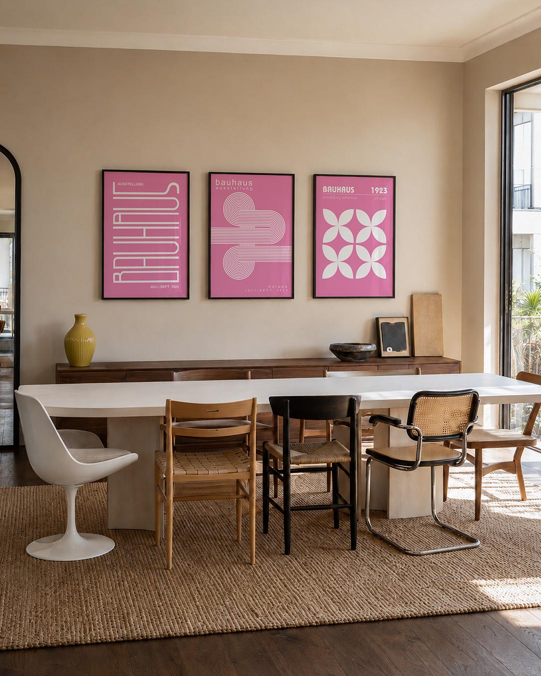 Lijnen en kleurvlakken driedelige posterset – deze posterset in drie delen toont een speels lijnenspel op een roze