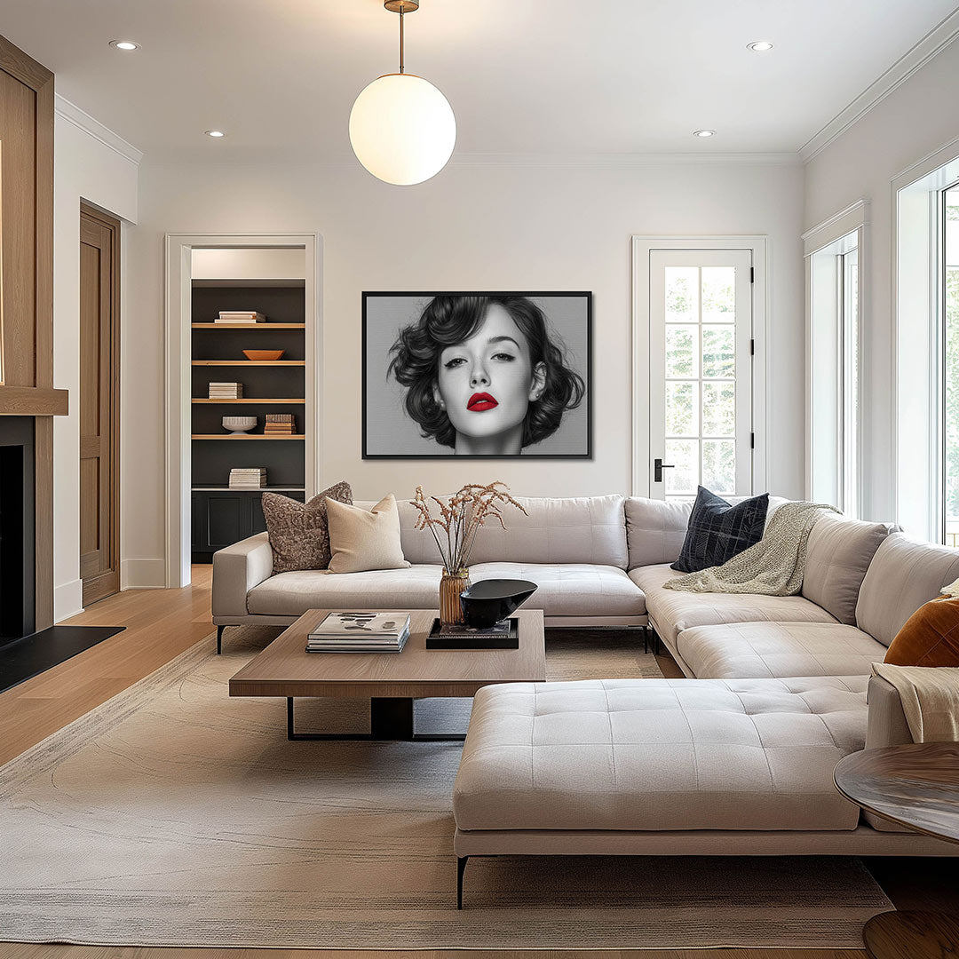 Portret met rode lippen – op canvas, dibond of plexiglas