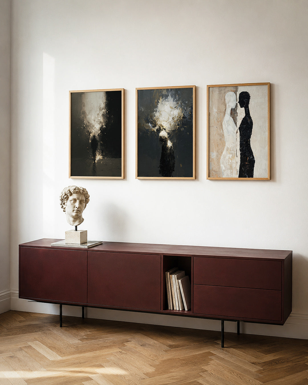 Vorm en schaduw posterset – detailweergave – een silhouet omgeven door een explosie van lichte en