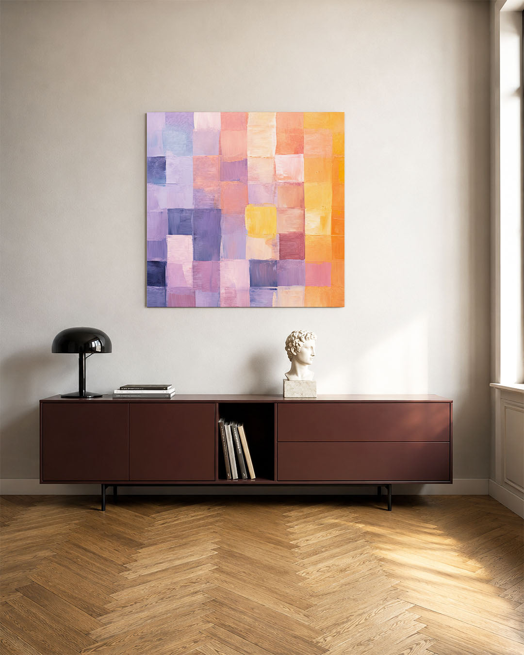 Kleurrijke geometrie kunstwerk – tweede productweergave – dit kunstwerk toont een levendige compositie van rechthoeken in
