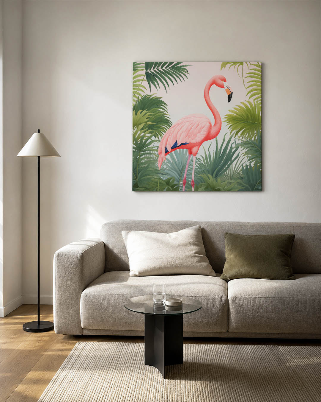 Flamingo en bladeren kunstwerk – detailweergave – dit werk toont een roze flamingo omringd door groene bladeren. De
