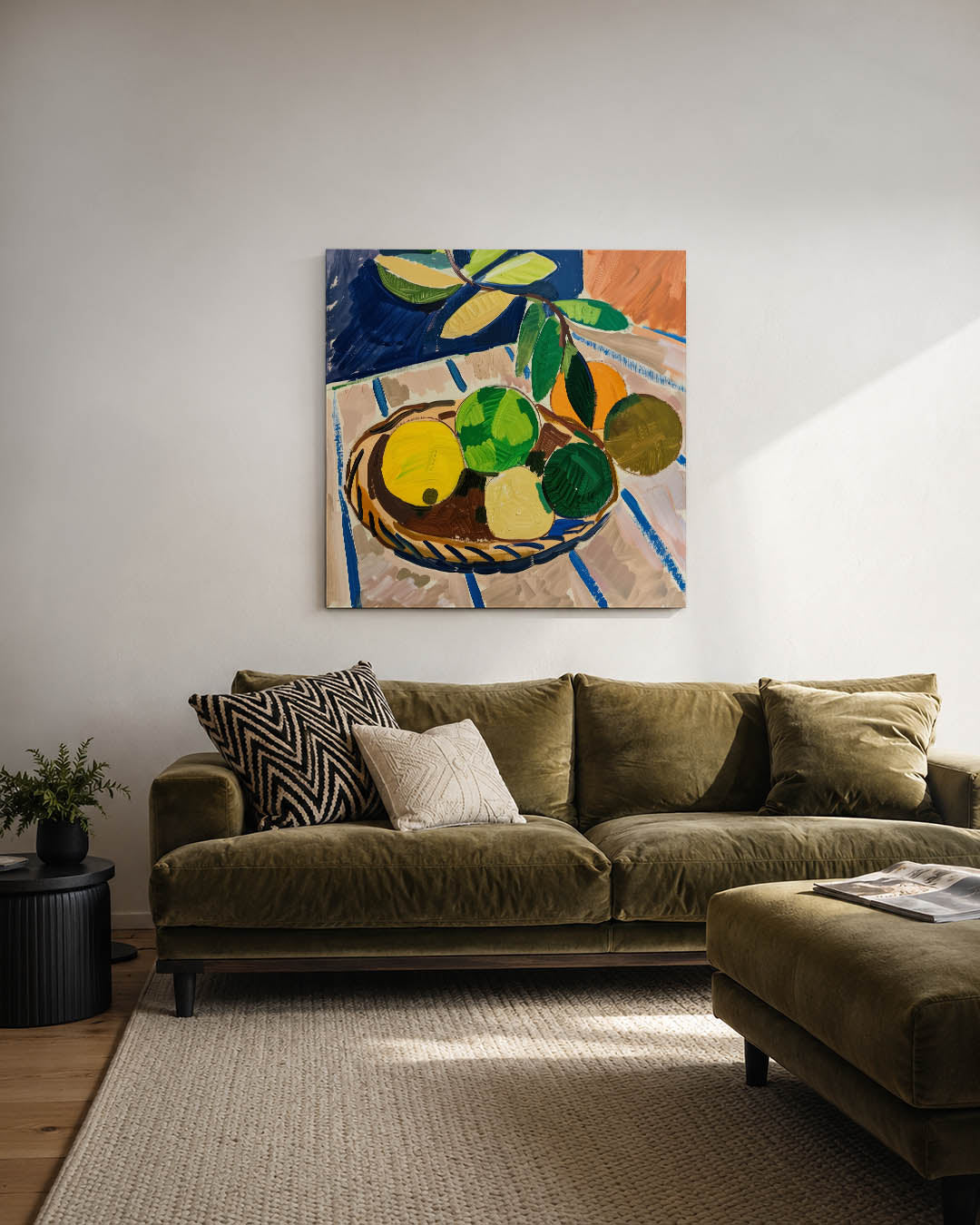 Fruit en bladeren kunstwerk – derde productweergave – dit werk toont een mand met kleurrijk fruit en bladeren. De levendige