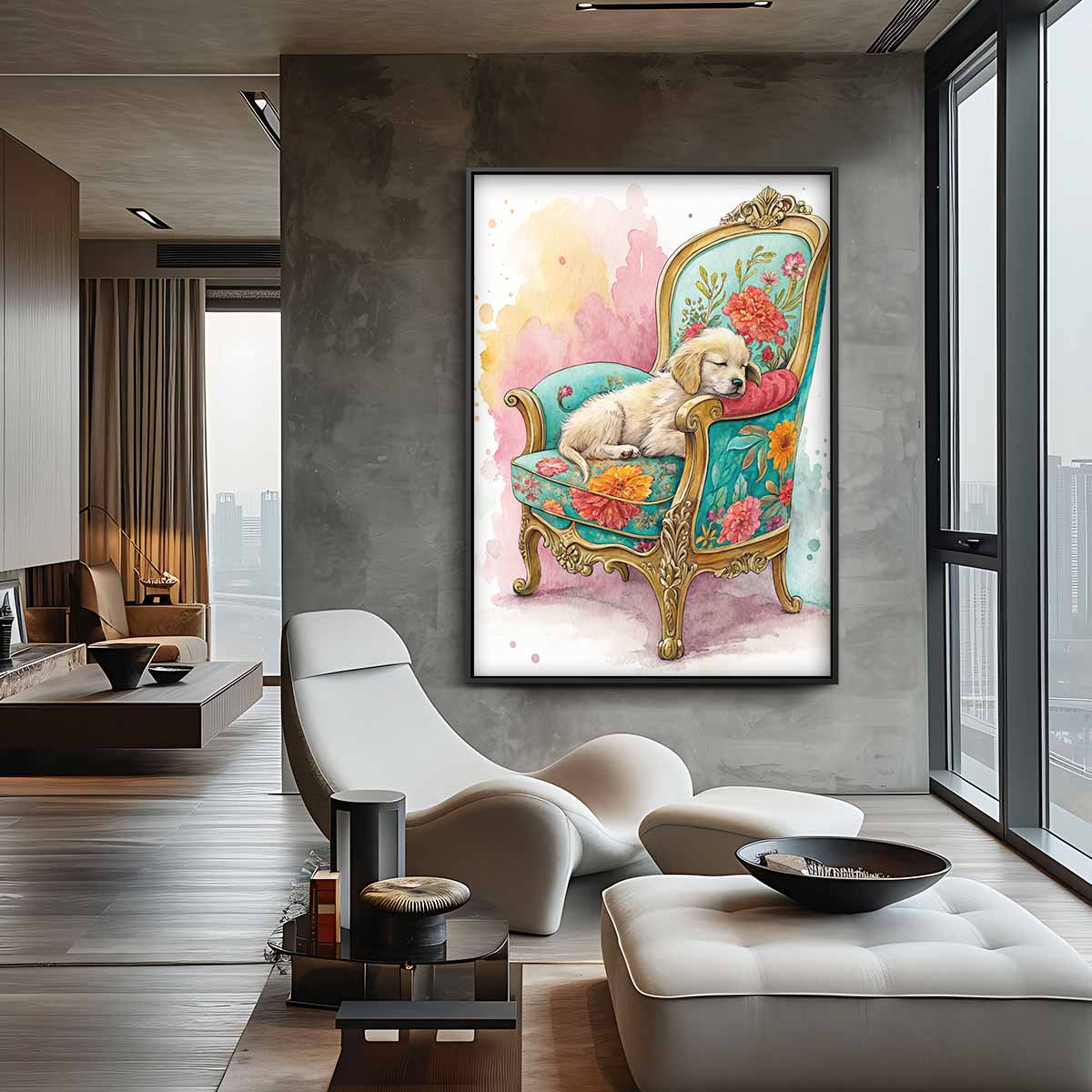 Dromerig Hondje op Bloemenstoel – canvas wanddecoratie in portret formaat