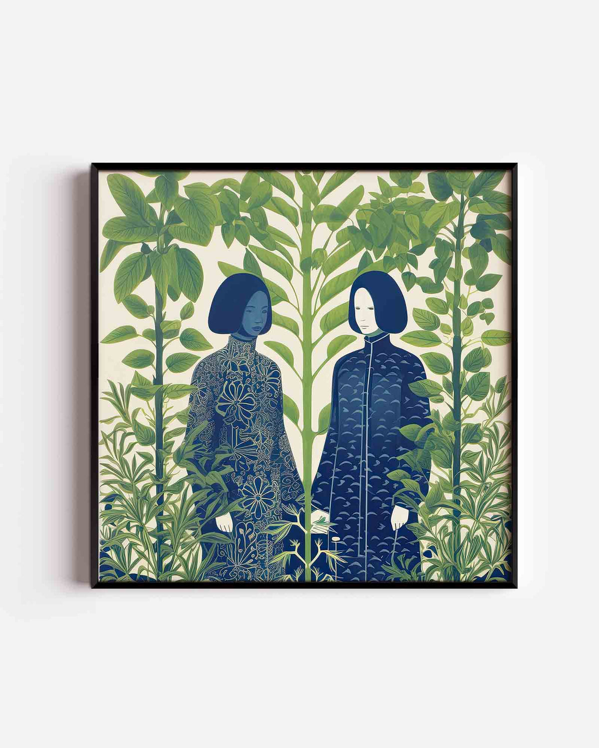 Twee figuren tussen groene planten – kleurrijke illustratie poster als wanddecoratie