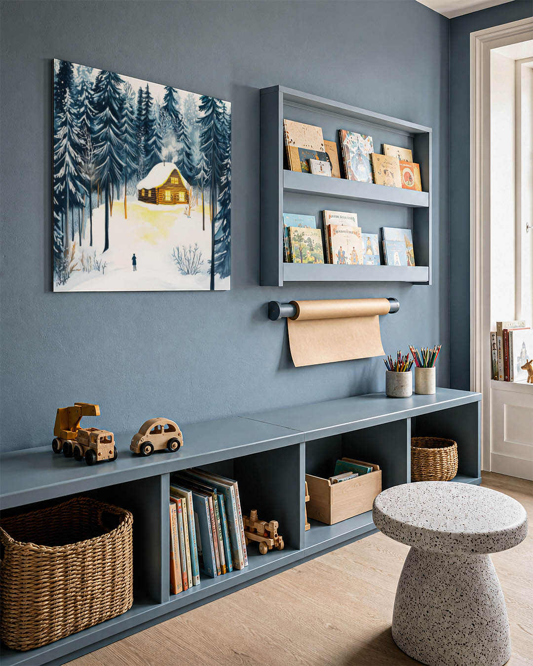 Winterse boslandschap kunstwerk – detailweergave – een wintertafereel met een houten huisje omgeven door hoge besneeuwde