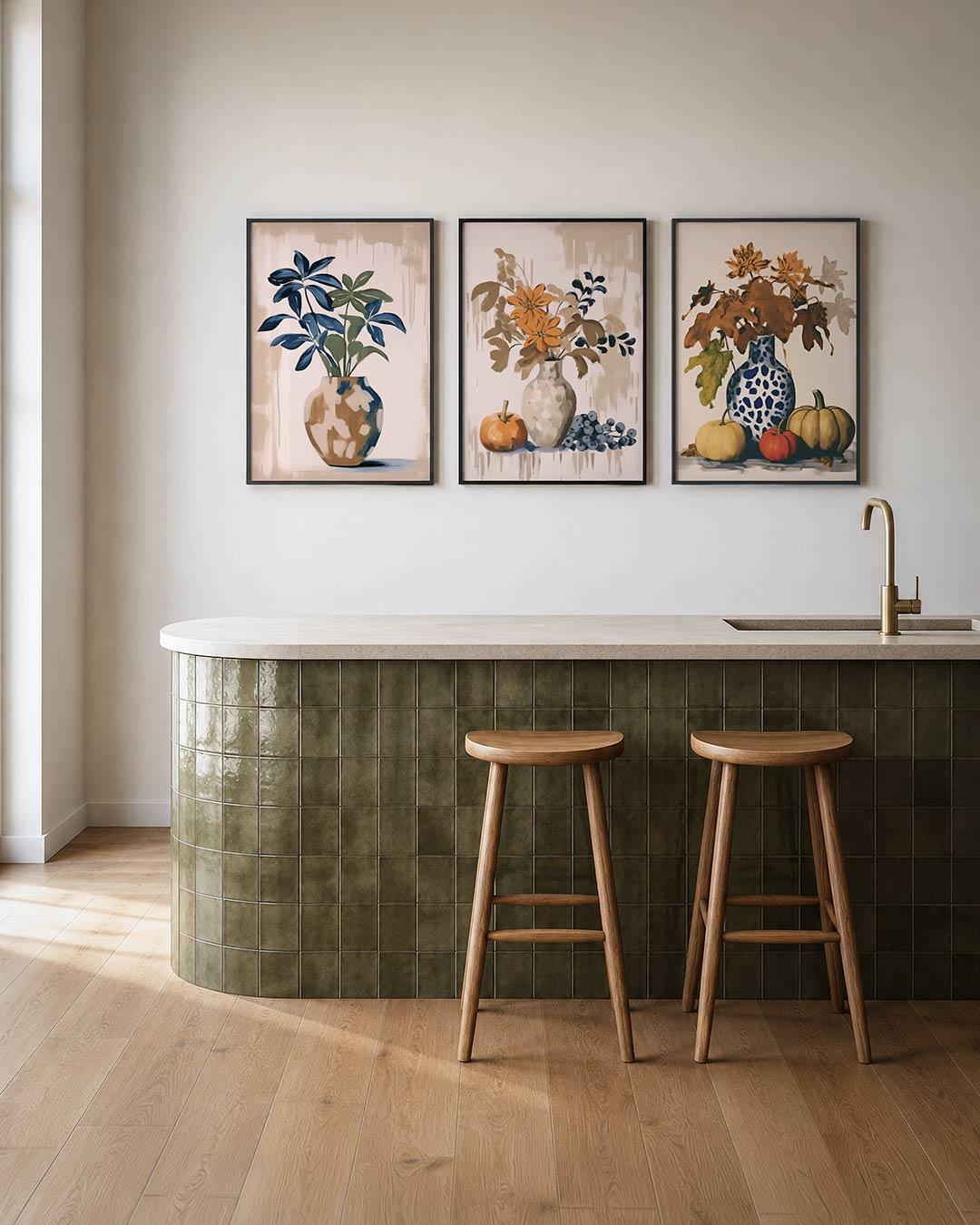 Vorm en kleurenspel – deze posterset in drie delen toont een vaas met bladeren in blauw en groen, – weergave 2