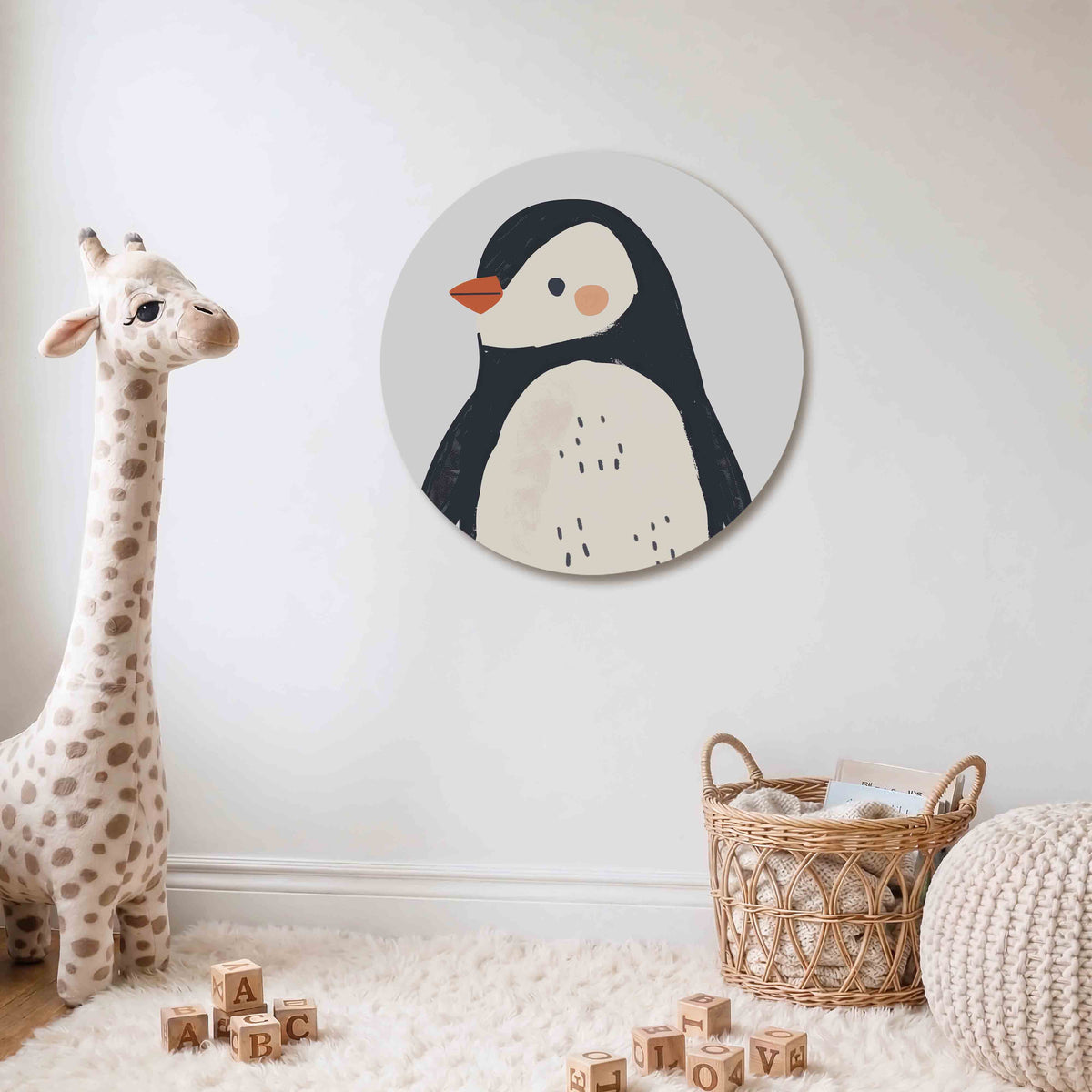Pinguïn Muurcirkel – Een pinguïn met zwarte en witte tinten en een oranje snavel.