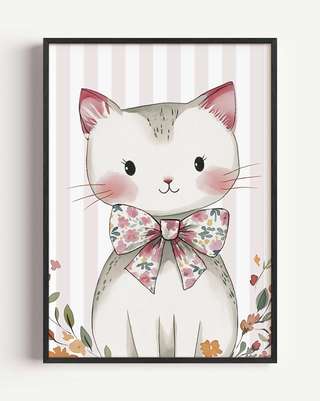 Schattige Kattenposter met Bloemenstrik – kids portret poster als wanddecoratie