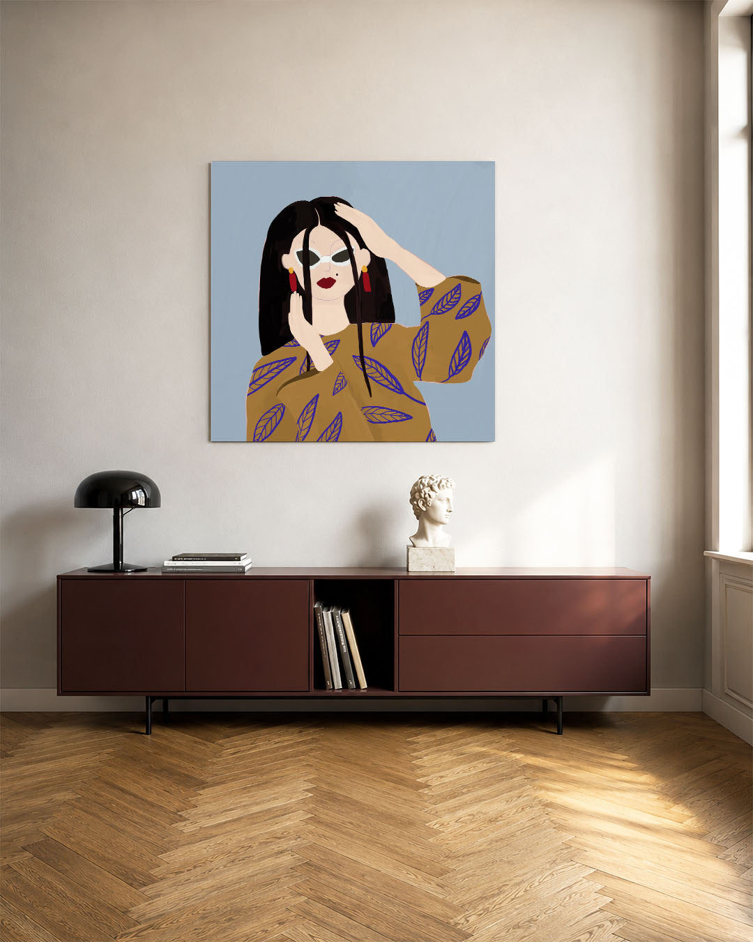 Vrouwelijk portret illustratie kunstwerk – tweede productweergave – dit werk toont een vrouw met donkere haren en opvallende