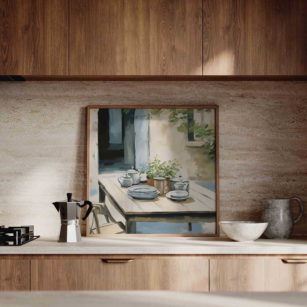 Buiten tafel met servies – culinaire wandkunst als vierkante poster