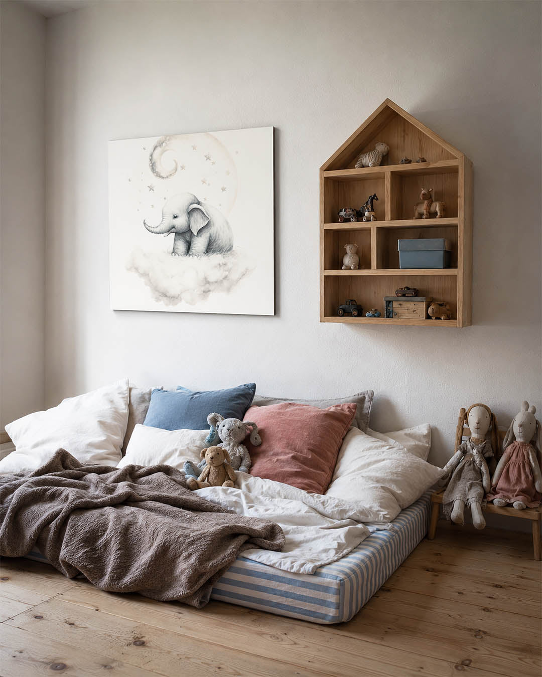 Dromerige olifant kunstwerk – derde productweergave – een schattige olifant zit op een wolk onder een grote maan, omringd